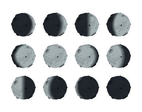 The whole cycle of moon phases from new to full on white