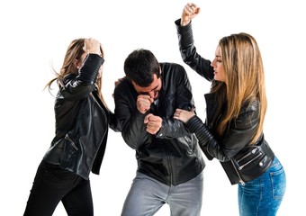 Unfaithful man with her ex-girlfriends
