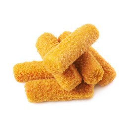 Pile of breaded crab sticks isolated