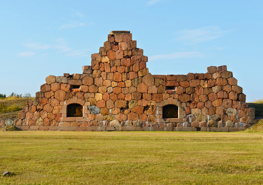 Ruins of the fortress Bomarsund (1832-1854). Remains of military fortifications in the field