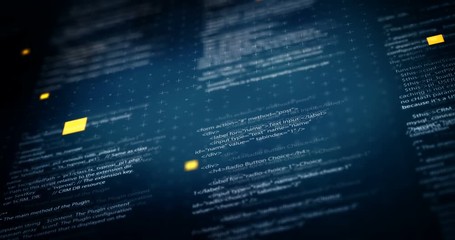 Program code close-up in dark blue background with shallow DOF featured thin crosses and dots textures with orange particles seamless loop animation