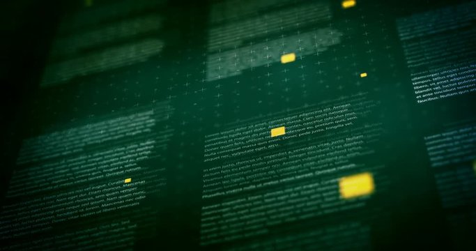 Close-up text in dark green background with shallow DOF featured thin crosses and dots textures with orange particles seamless loop animation