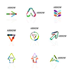 Set of linear arrow abstract logos, connected multicolored segments lines in directional pointer figures
