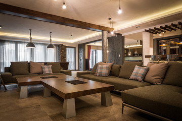 Great living room in modern villa house interior - 107052561