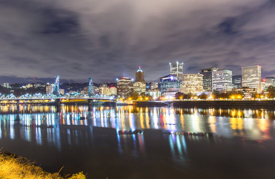 water with reflection and cityscape and skyline of portland at n