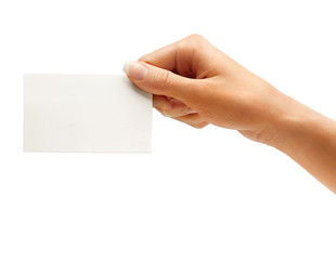 Obraz premium Hand hold blank business card isolated on white background. Close up