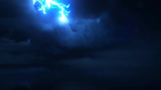Thunderstorm with high quality lightning discharge in super slow motion against dark stormy sky with huge clouds. Ultra high speed camera shot. Perfect for film, documentary, digital composition