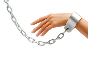 Woman's hand in chains isolated on white background. Close up, concept against violence