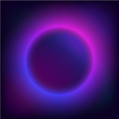 Neon lights around the circle. Planet in space. Abstract background for flyers night discos. Burning a pointer to a black wall in a club, bar or cafe. Design element for your ad, sign, poster, banner.