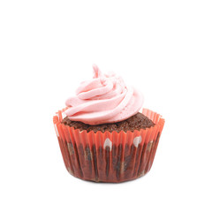 Chocolate muffin with pink cream isolated