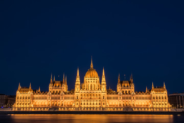 Budapest Parliament building in blue hour, illuminated  - 107054715