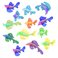 Set of multicolored fish in cartoon style