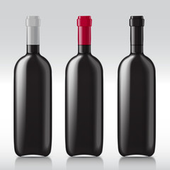 Patterns of black empty wine bottles. Set of realistic bottles ready for a sample of your design. illustration.