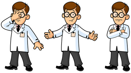 Doctor, Engineer, Scientist or Laboratory. Gestures and Emotions. Set of Mascots.