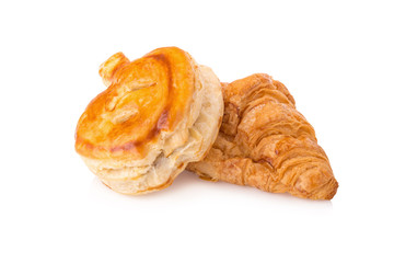 Puff pastry and Fresh croissants on white background.