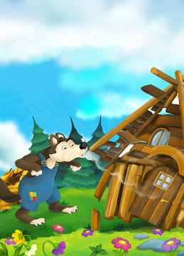 Fototapeta Cartoon scene of house being demolished - wolf puffing - illustration for children