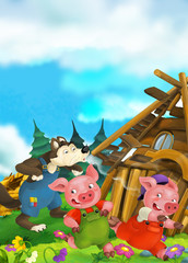 Cartoon scene of house being demolished - wolf and pigs - illustration for children