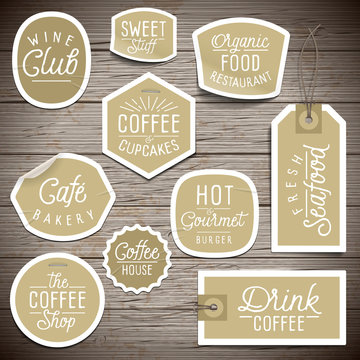 Fototapeta Stickers on rustic wood background for cafe and restaurant