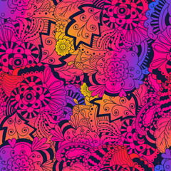 Abstract doodle floral seamless pattern. Colorful vector background with abstract flowers and leaves. 