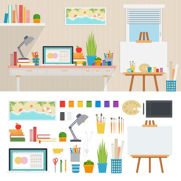 Illustrator working place with artistic tools