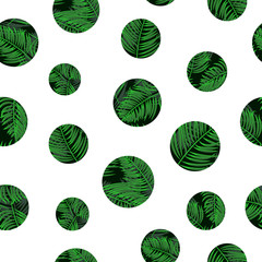 Circles seamless pattern. Polka dot background with hand drawn green palm leaves. 