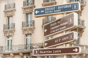 Directional signpost to Parisian landmarks in central Paris