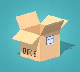 Open empty cardboard box against the blue background. 3D lowpoly isometric vector illustration
