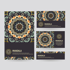 Set of ornamental business cards with flower mandala in dark colors. Vintage decorative elements. Indian, asian, arabic, islamic, ottoman motif. Vector illustration.