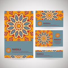 Naklejka premium Set of ornamental business cards with flower mandala in orange, blue, red colors. Vintage decorative elements. Indian, asian, arabic, islamic, ottoman motif. Vector illustration.