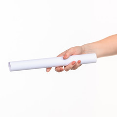 The cylinder female hands on white background