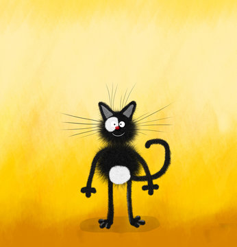 Friendly Smiling Black Cat On Yellow Background