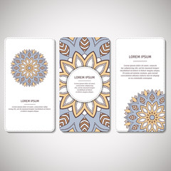 Set of ornamental cards, flyers with flower mandala in white, blue colors. Vintage decorative elements. Indian, asian, arabic, islamic, ottoman motif. Vector illustration.