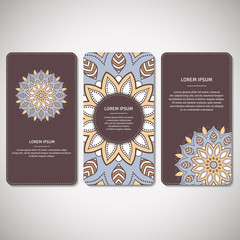 Set of ornamental cards, flyers with flower mandala in brown, blue colors. Vintage decorative elements. Indian, asian, arabic, islamic, ottoman motif. Vector illustration.