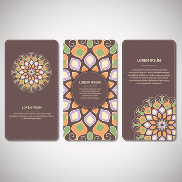 Set of ornamental cards, flyers with flower mandala in brown, orange, green colors. Vintage decorative elements. Indian, asian, arabic, islamic, ottoman motif. Vector illustration.