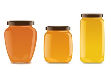 Three glass jars with jam or honey