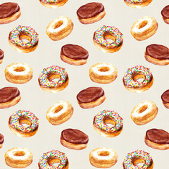 Seamless watercolor pattern with hand drawn baked donuts 