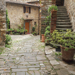 stone road leading to the beautiful tuscan house in village Mont