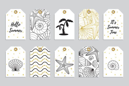 Collection of ten gold gift tags with glitter texture with starfishes and seashells. Set of 10 printable hand drawn summer holiday label in black white and gold colors. Vector seasonal badges.