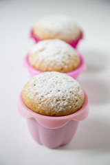 Freshly baked homemade muffins with powdered sugar