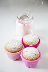 Freshly baked homemade muffins with powdered sugar