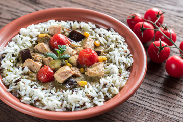 Thai green chicken curry with mix of white and wild rice