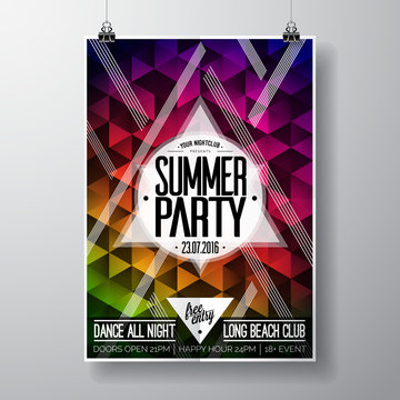 Vector Summer Beach Party Flyer Design with typographic elements and copy space on color triangle background.