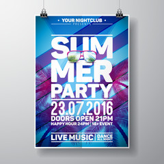 Vector Summer Beach Party Flyer Design with typographic elements and copy space on color palm background.