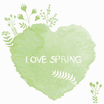 Vector green watercolor heart with blooming spring flowers