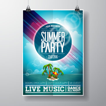 Vector Summer Beach Party Flyer Design with typographic elements on ocean landscape background.