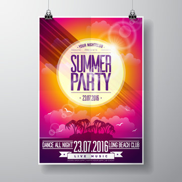 Vector Summer Beach Party Flyer Design with typographic elements on ocean landscape background.
