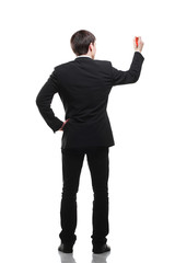 Smart businessman writing imaginary text