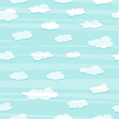 Wallpaper with a simple pattern of the clouds. White clouds in the blue sky. Wallpapers with clouds for a child's room in a cartoon style. Background with clouds for posters, invitations, brochures. 