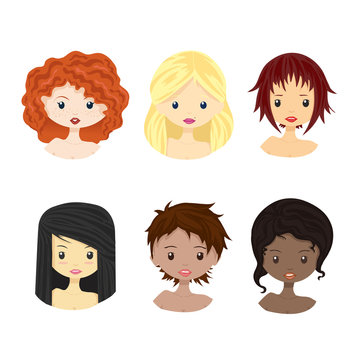 Set of diverse female woman girl avatars isolated on white background. Woman with different skin tones, hair colors, haircut. Beautiful girls in cute and simple flat cartoon style. Vector.