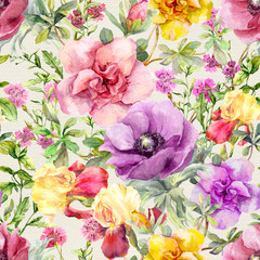 Flowers in meadow. Seamless floral pattern. Watercolor